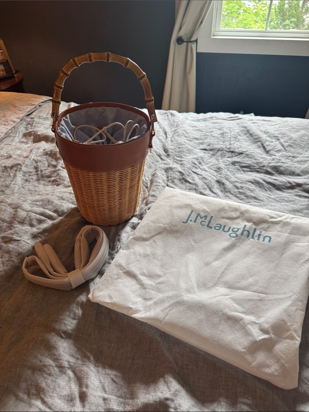 J. McLaughlin Tan & Natural Wicker Bucket Bag with Bamboo Handle
